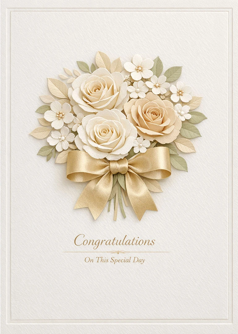 Cream floral bouquet with gold ribbon and congratulations wording on a textured elegant card background.