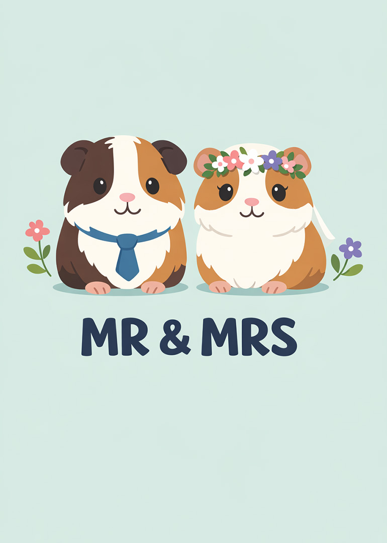 Illustration of guinea pig bride and groom with Mr & Mrs text