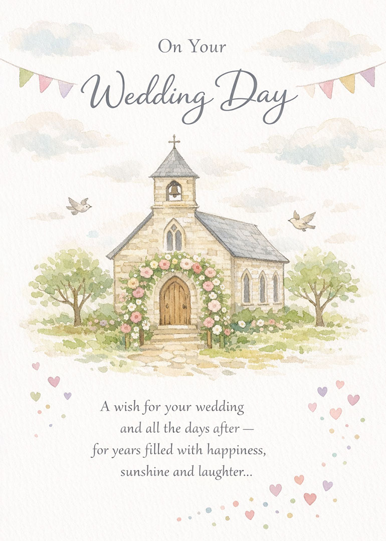 Watercolor wedding card with church, floral arch, hearts, birds, and heartfelt message