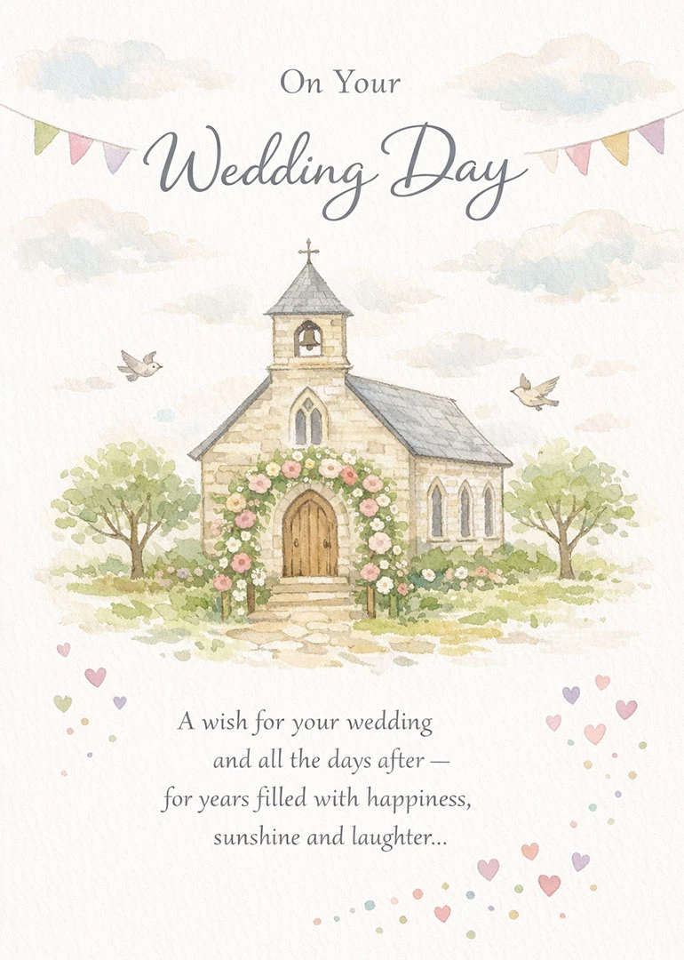 Watercolour church card with bunting, hearts and wedding wishes on a soft pastel background.