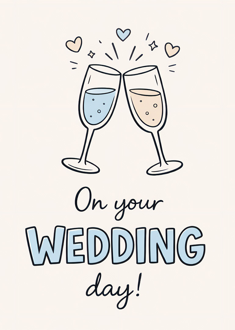 Two champagne glasses with bubbles clinking above wedding day text