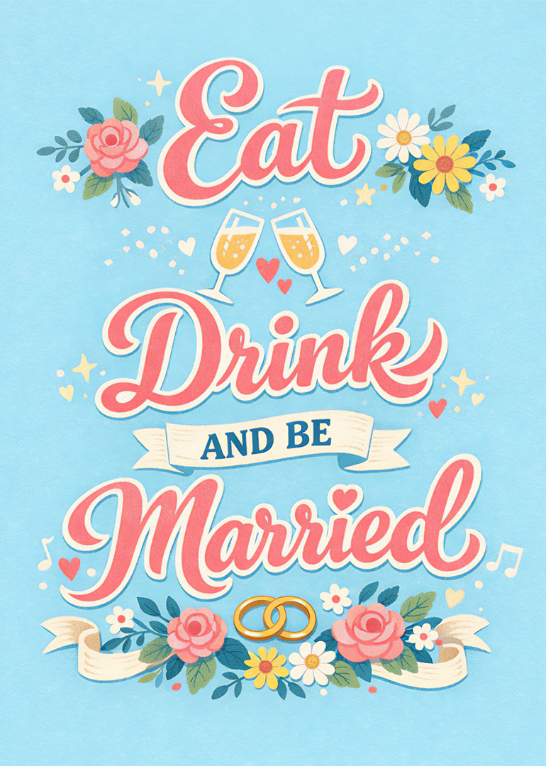 Wedding card with text Eat Drink and Be Married surrounded by flowers and rings