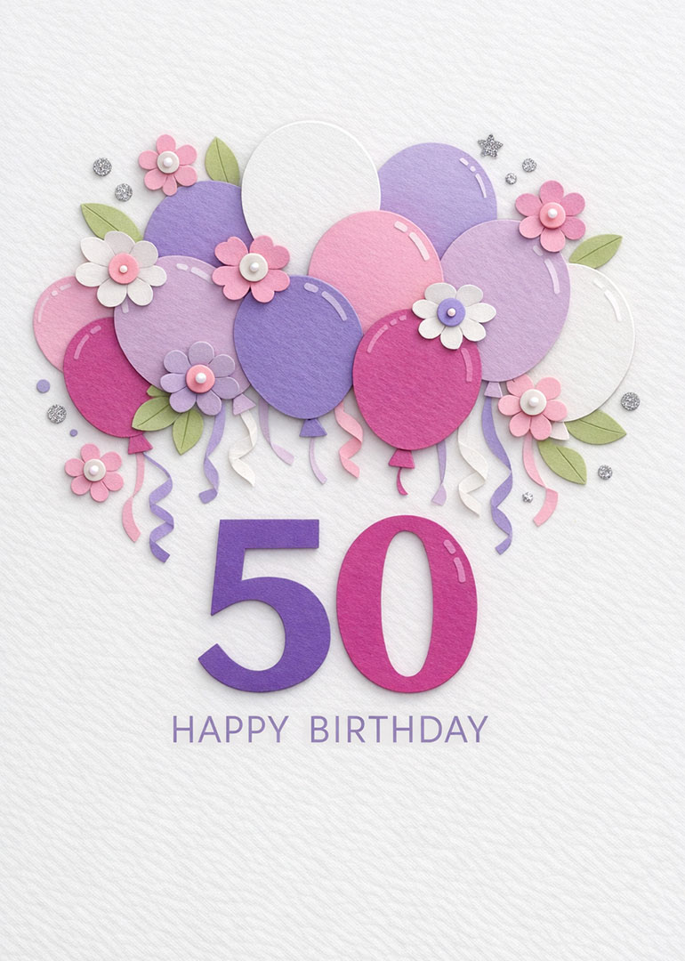 50th birthday card with colorful balloons and flowers decoration