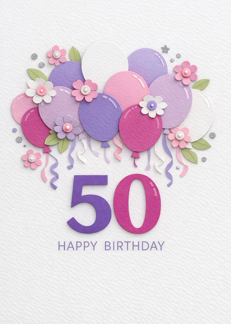 Pastel paper balloons and flowers surround a large 50 with happy birthday text on white.
