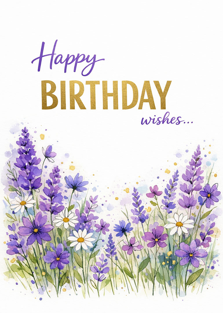Birthday card with purple and white flowers and golden birthday text