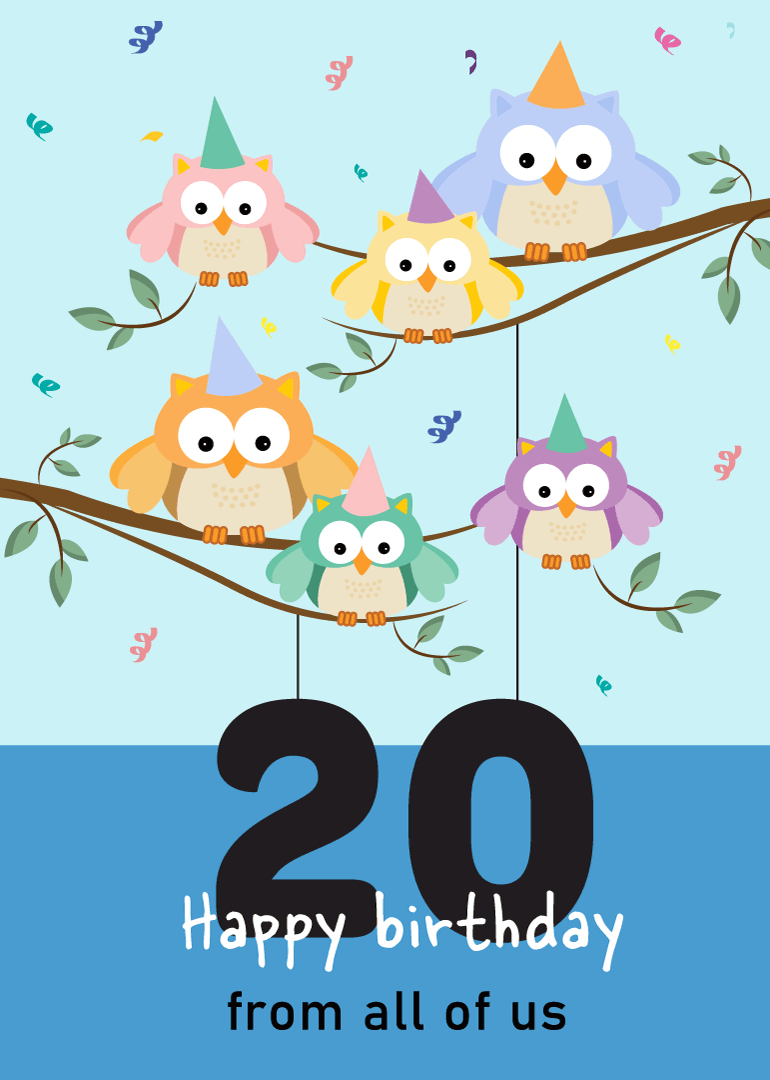 Colorful owls with party hats on branches celebrating 20th birthday with confetti