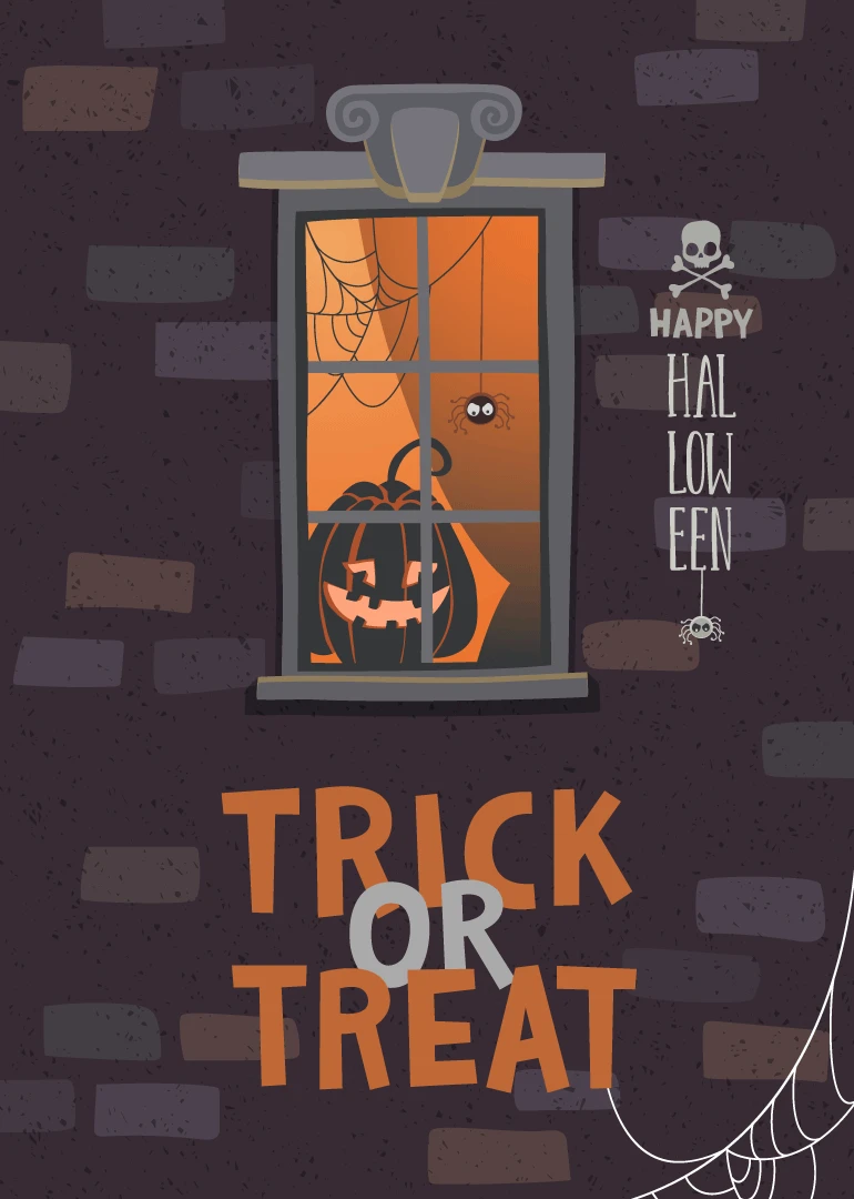 Orange pumpkin in a spooky window with spiderwebs, skulls, and vertical Trick or Treat text.