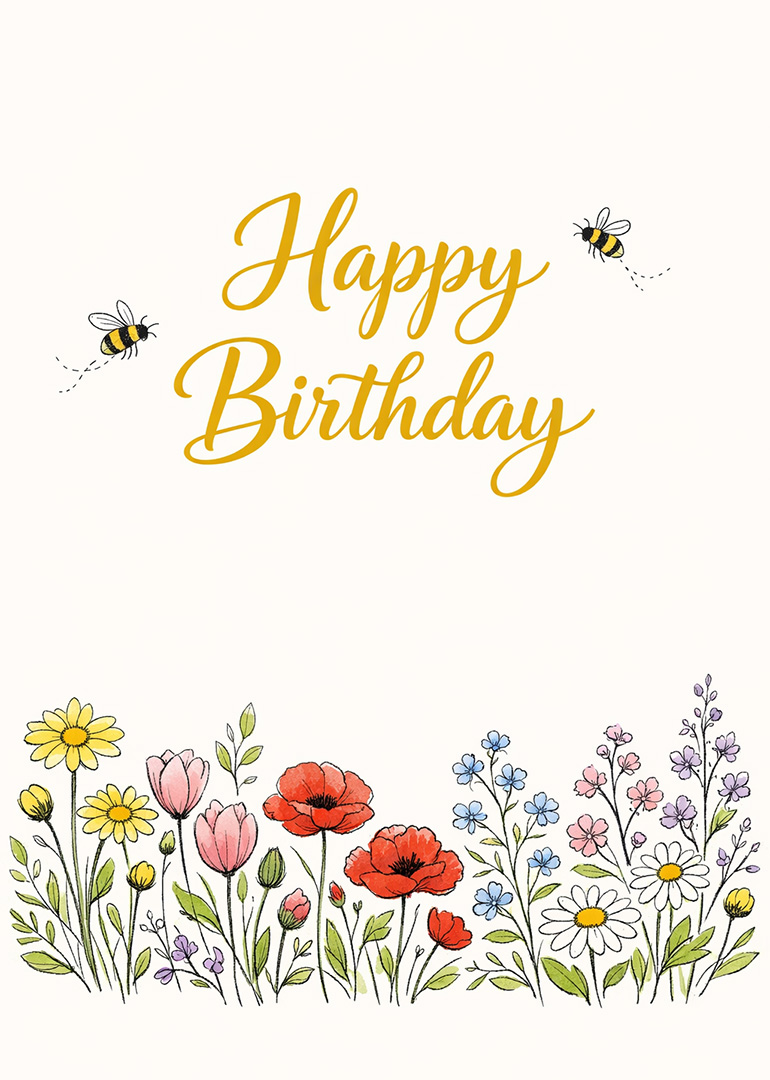 Birthday card with bright flowers and bees on cream background