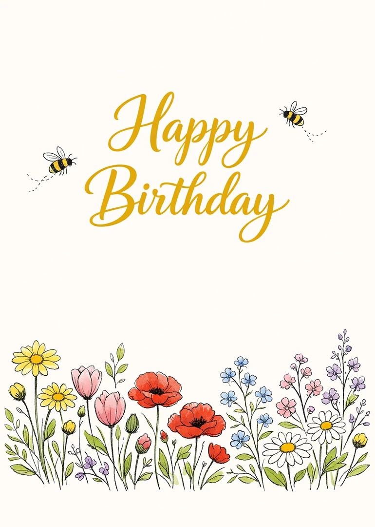 Floral birthday card with happy birthday script, bees, and colourful meadow flowers on white background.
