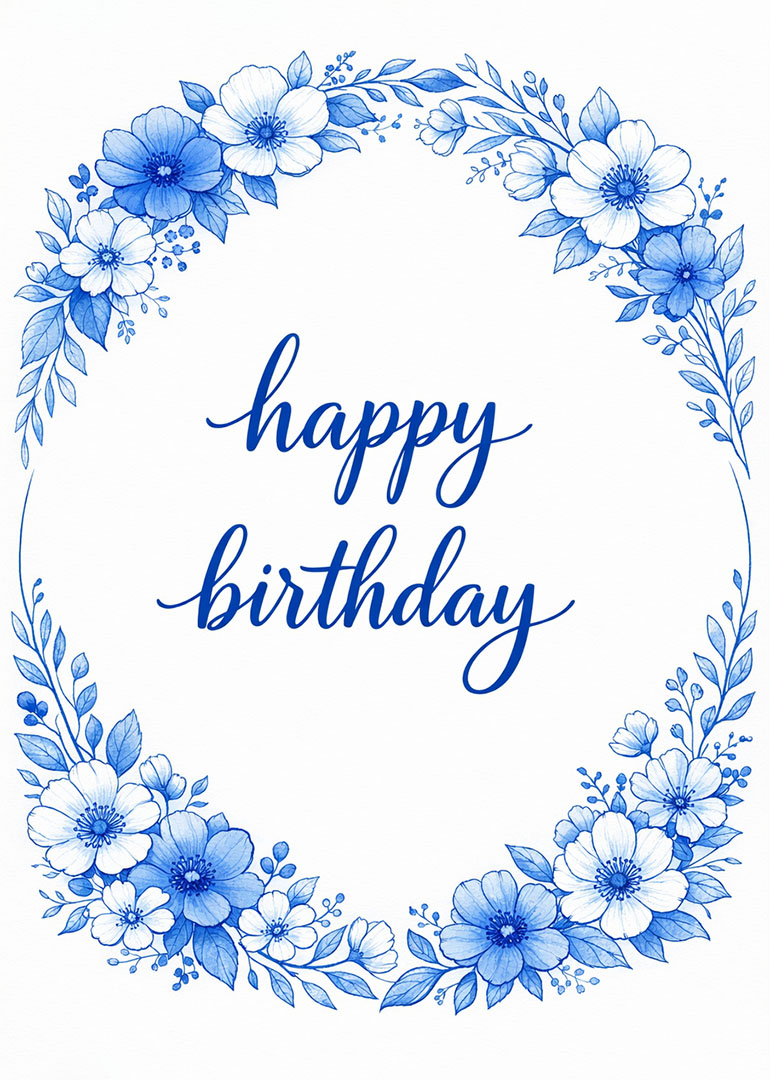 Elegant blue flowers forming a wreath with handwritten happy birthday text inside