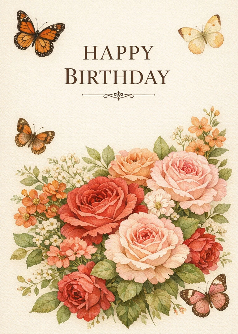 Watercolor roses and butterflies surround Happy Birthday text on a cream background in autumn tones.