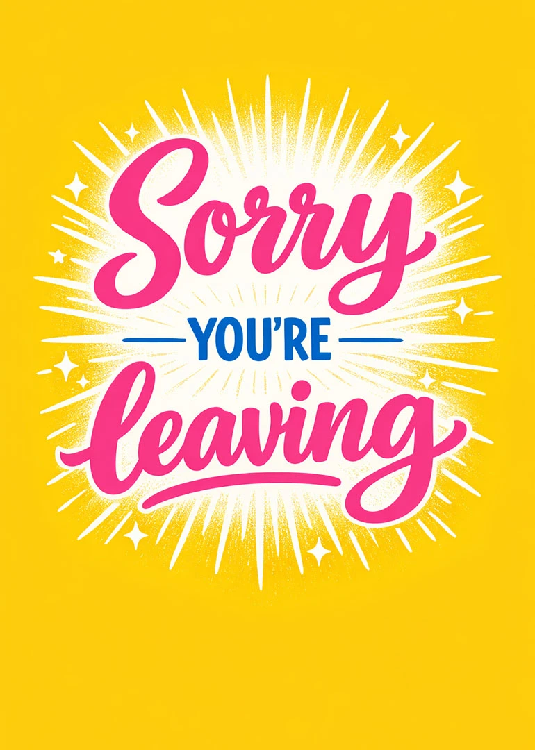 Bright yellow card with pink Sorry you're leaving text and blue YOU'RE lettering.