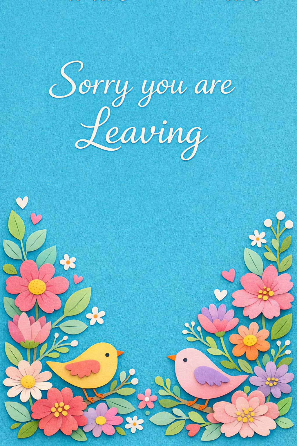 Leaving card with paper art birds and flowers on blue background