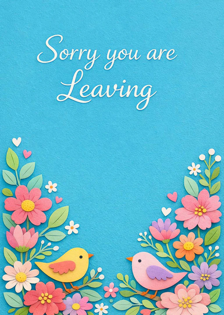 Blue floral card with two paper birds and text Sorry you are Leaving in script.