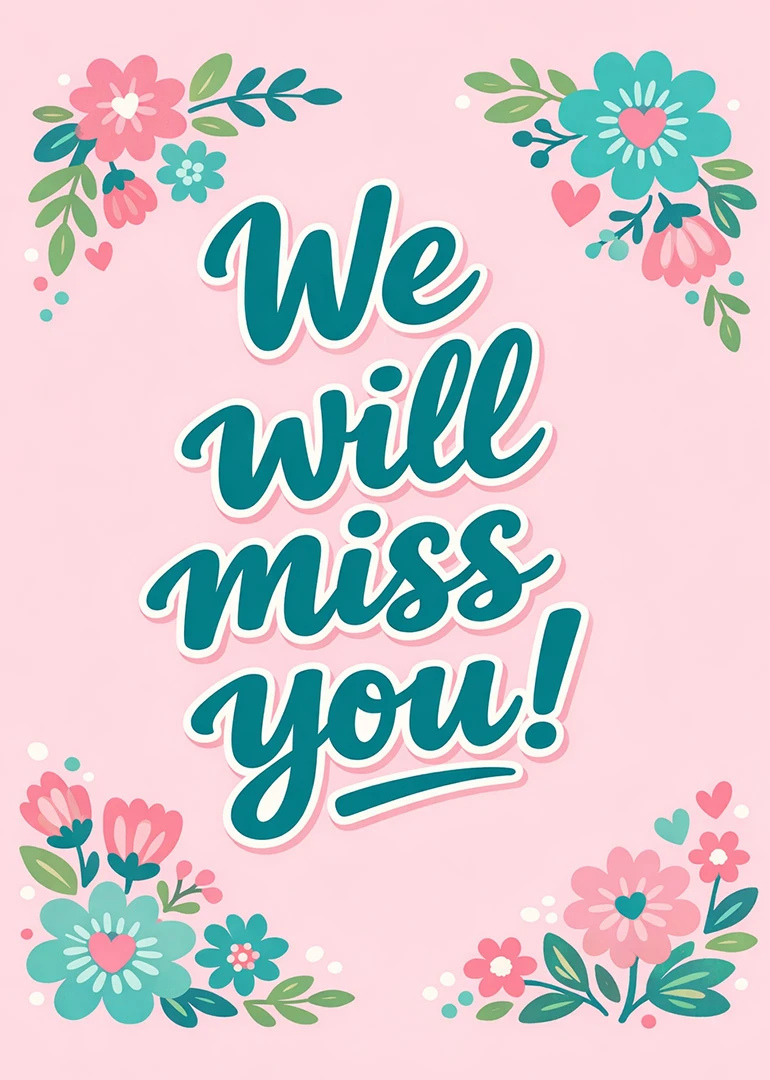 Pastel pink floral card with teal lettering saying We will miss you in the center.