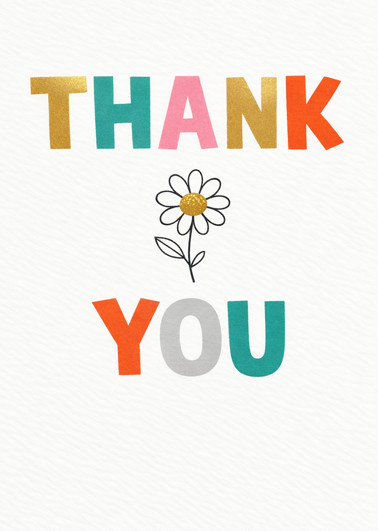 Bright colorful thank you card with simple flower on white textured background