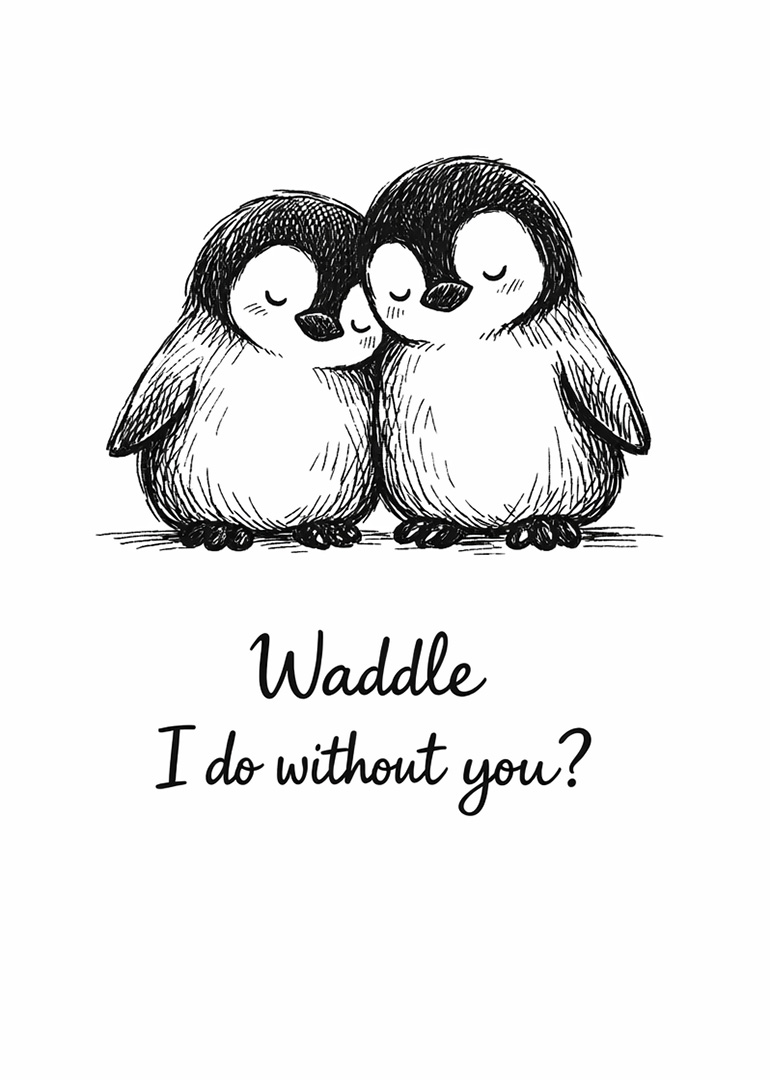 Two cuddling penguins with text below expressing love pun