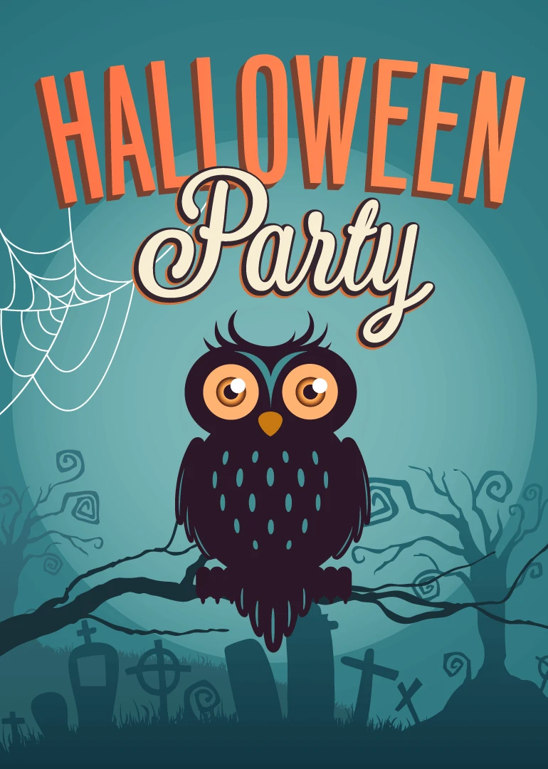 Cute owl sits in a spooky graveyard under Halloween party text and spiderweb decorations.
