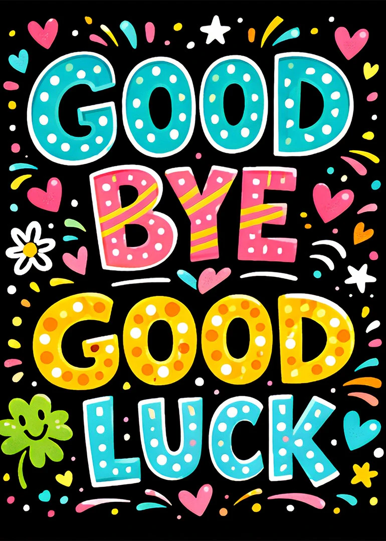 Colorful goodbye good luck card with bold polka dot letters, hearts, stars, and playful doodles.
