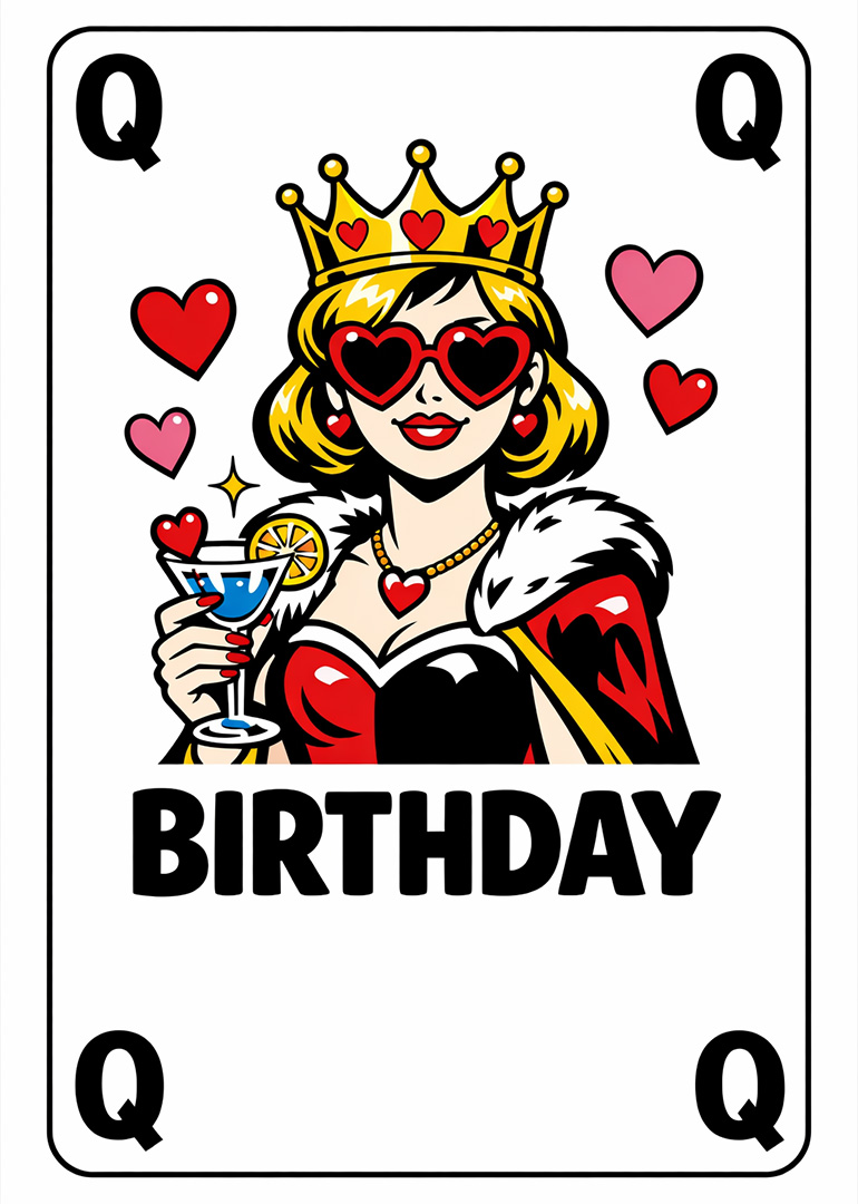 Birthday card showing queen of hearts wearing heart sunglasses with cocktail