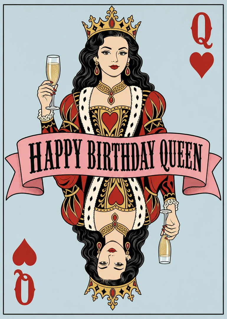 Queen of hearts birthday card with champagne glasses, pink banner, and mirrored playing card artwork.
