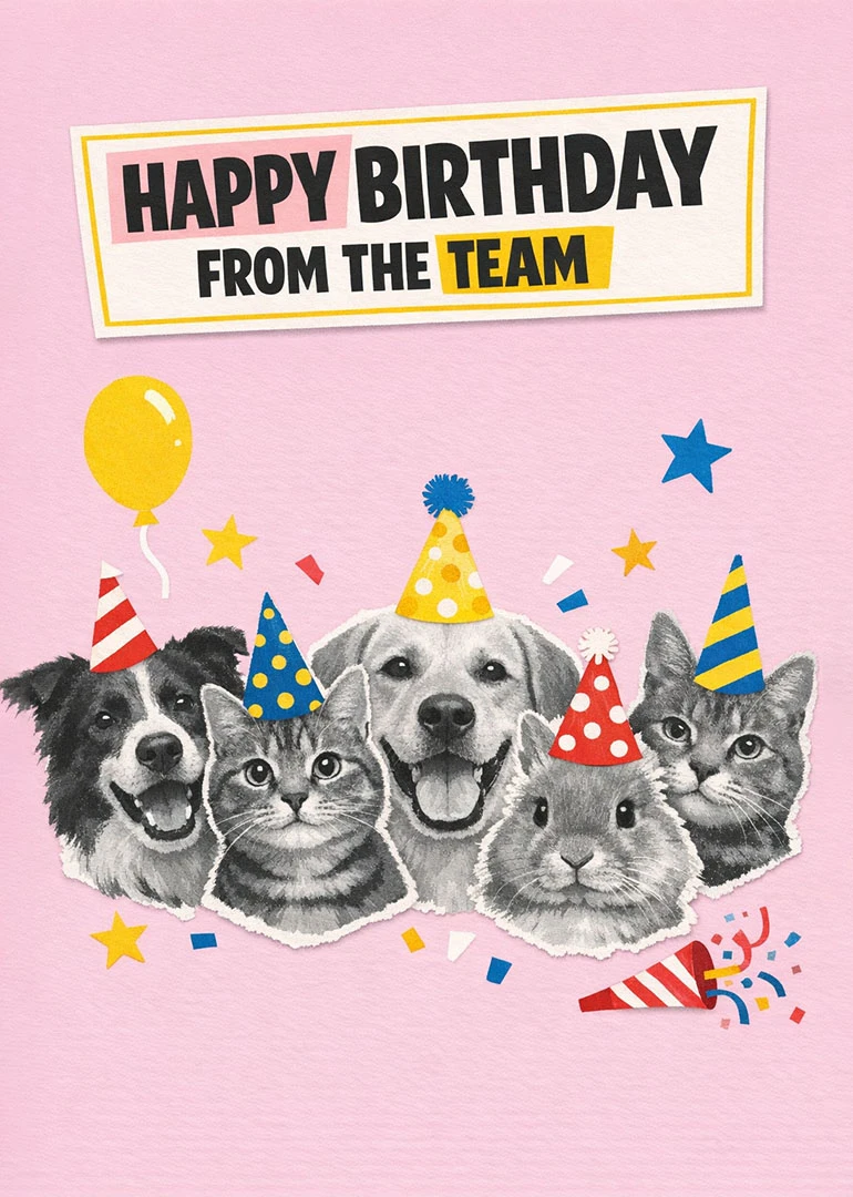 Birthday card with dogs and cats in party hats on pink background.