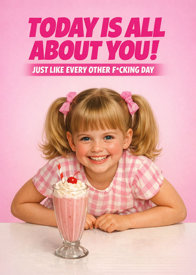 Happy girl with pigtails and pink milkshake on pink background