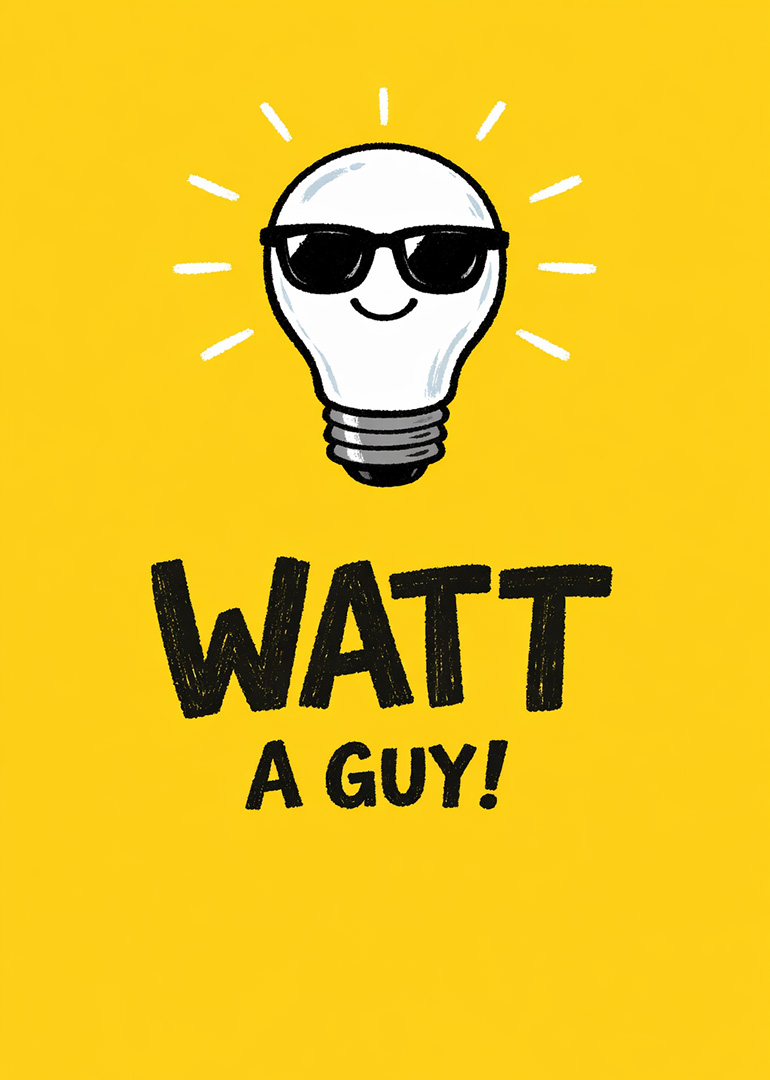 Lightbulb cartoon wearing sunglasses with text Watt a guy on yellow background