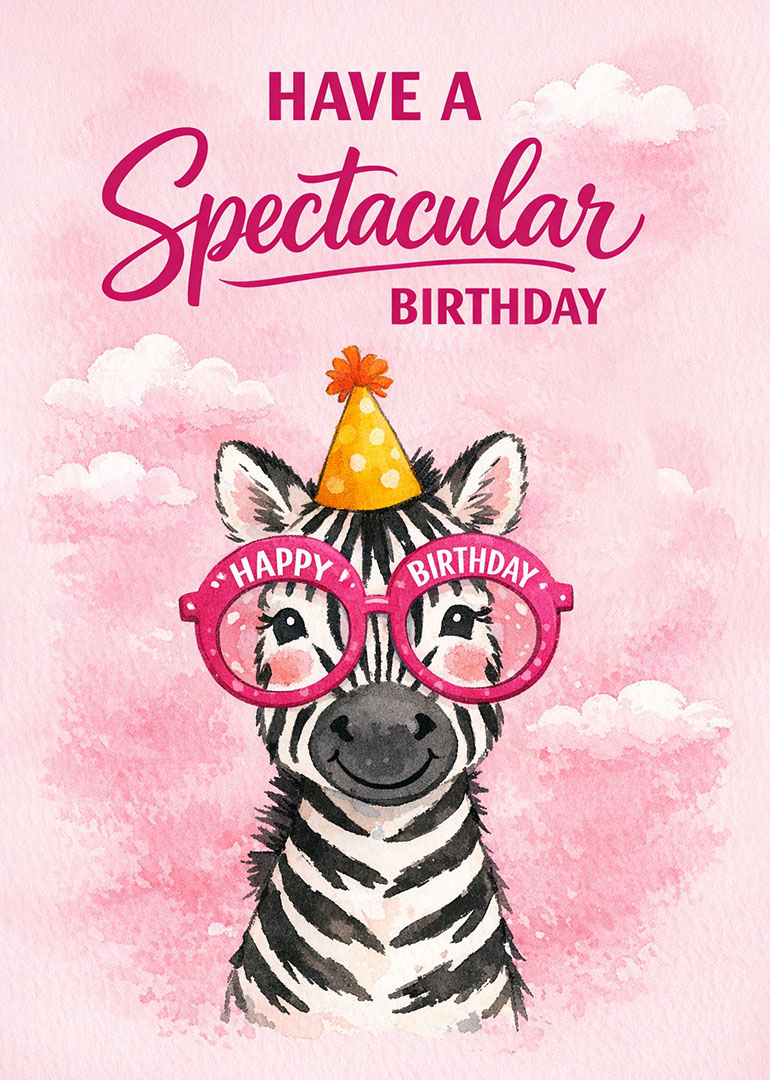 Watercolor zebra in pink birthday glasses and party hat with balloons