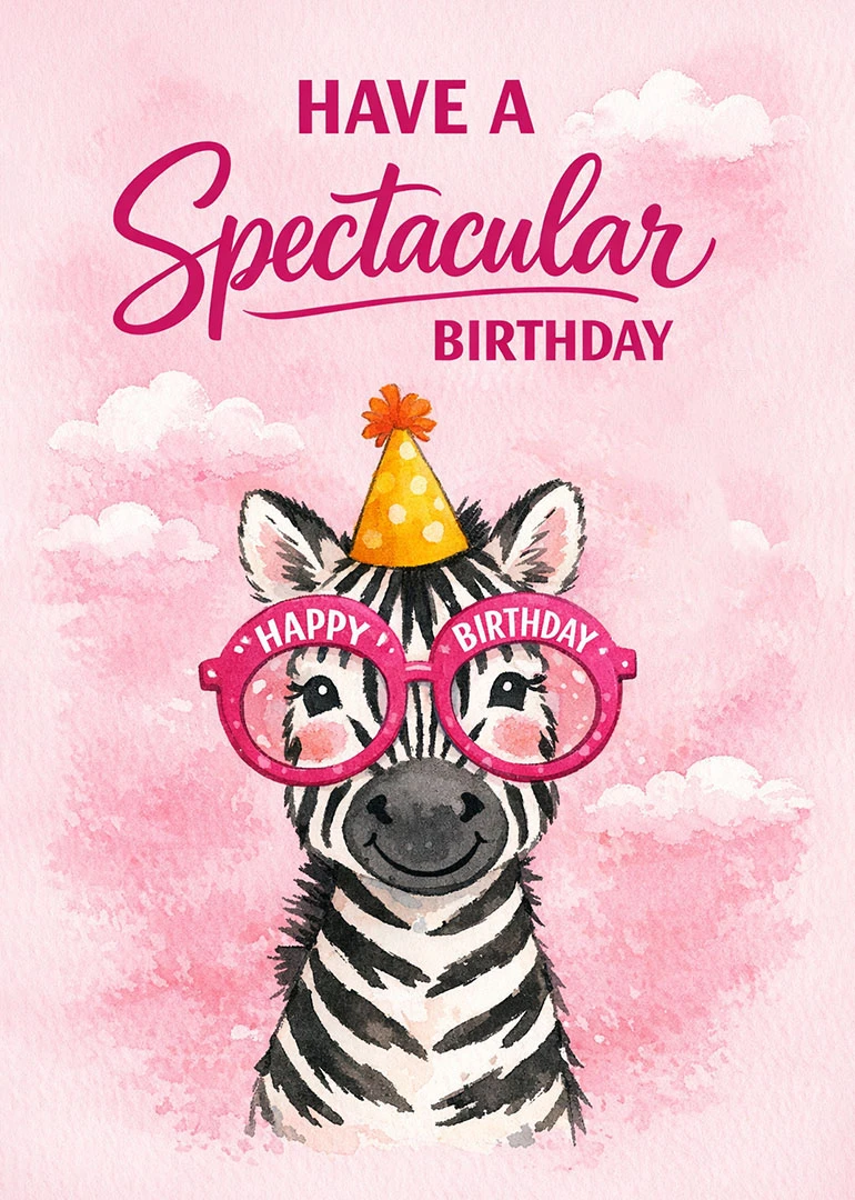 Watercolor zebra wearing party hat and pink birthday glasses on a pink background.