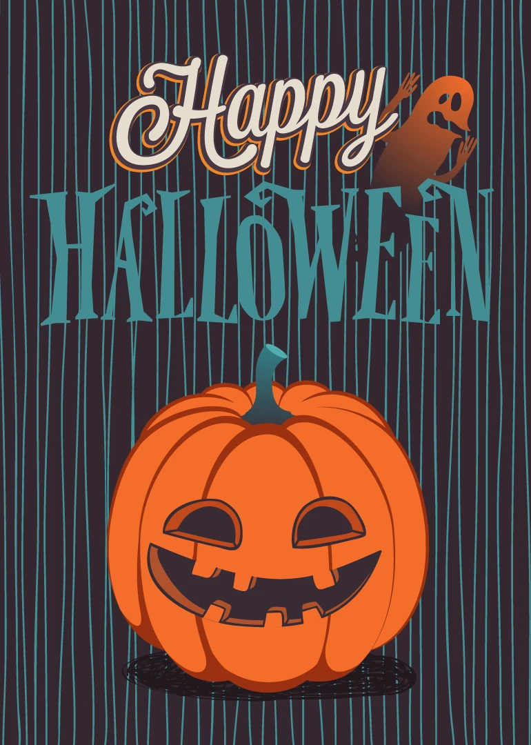 A smiling jack-o-lantern and little ghost beneath Happy Halloween text on a dark striped background.