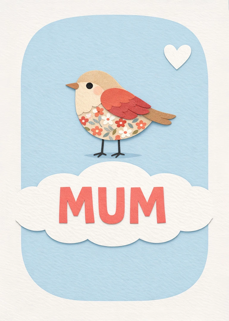 Paper bird with floral body, white heart, and bold MUM text on a soft blue background.