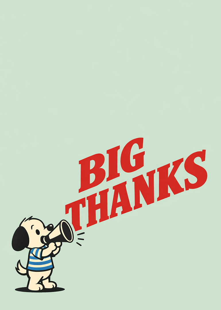 Cute cartoon dog with megaphone saying big thanks in red text