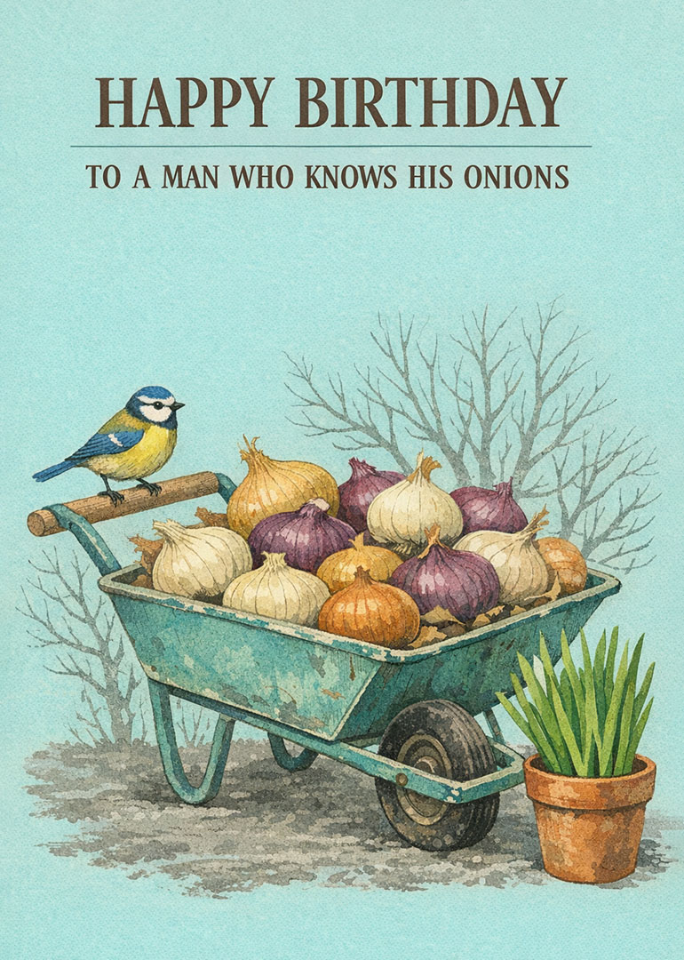 Birthday card with wheelbarrow full of onions and bird perched