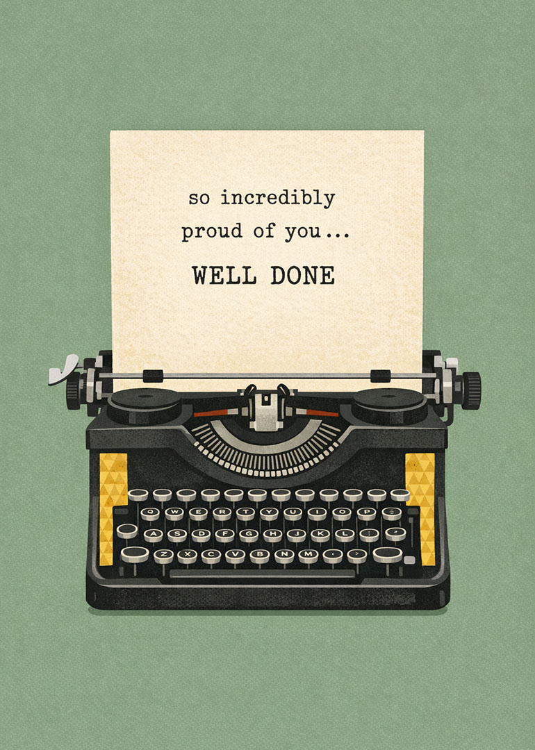 Vintage typewriter with congratulatory message, well done, on a green background