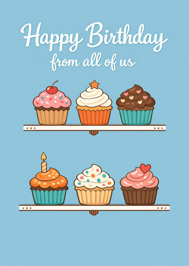 Birthday card with colorful cupcakes and happy birthday message