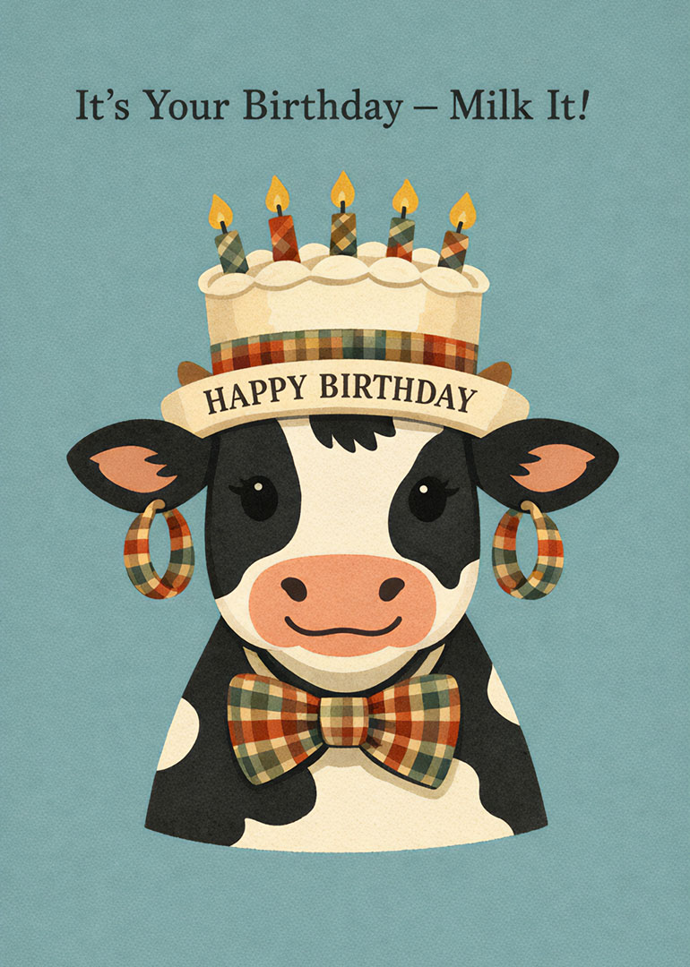 Illustration of a happy cow with birthday cake hat and bow tie