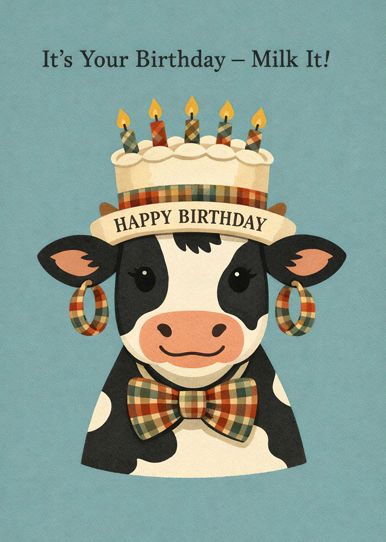 Cow wearing a birthday cake hat and bow tie says Happy Birthday with playful pun.