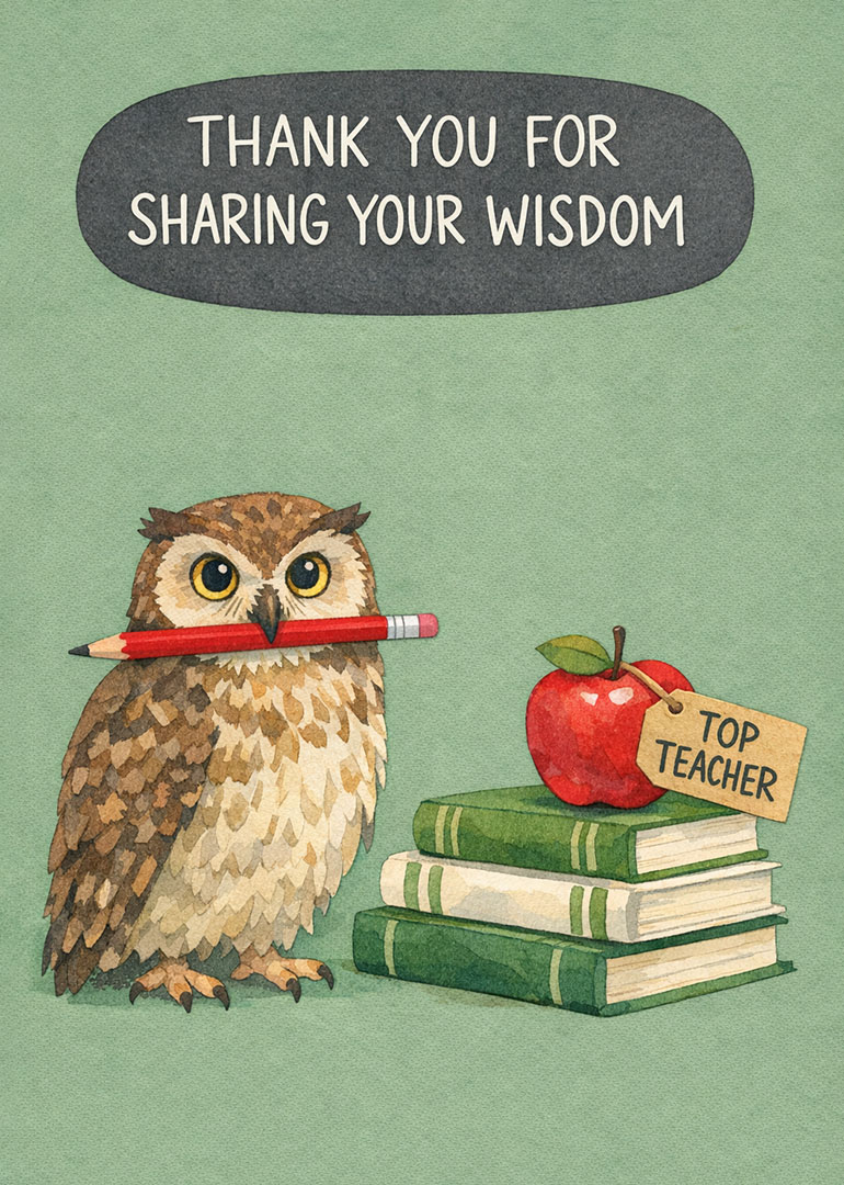 Watercolor owl holding pencil with apple and top teacher tag on books