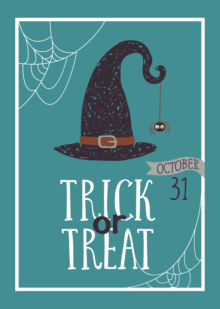Halloween card with witch hat, spider, spider webs, and trick or treat text