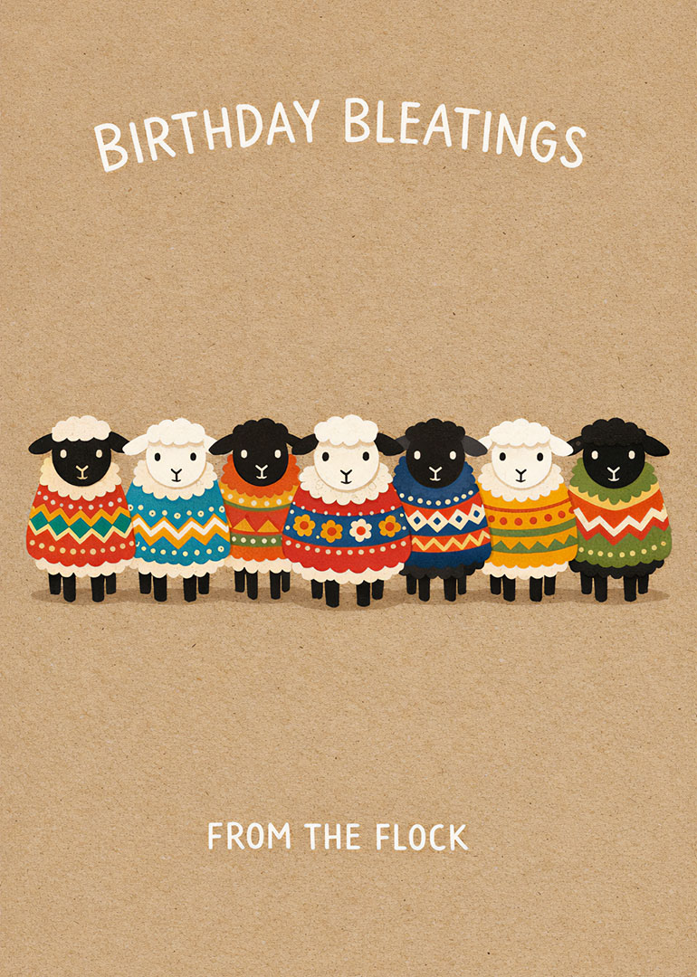 Birthday card featuring seven sheep in colorful sweaters with playful birthday message