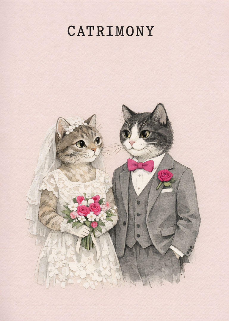 Watercolor card with bride and groom cats dressed in wedding attire