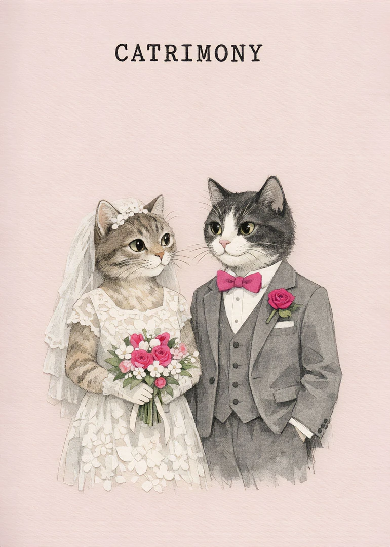 Bride and groom cats on a pale pink card reading CATRIMONY in bold type above.