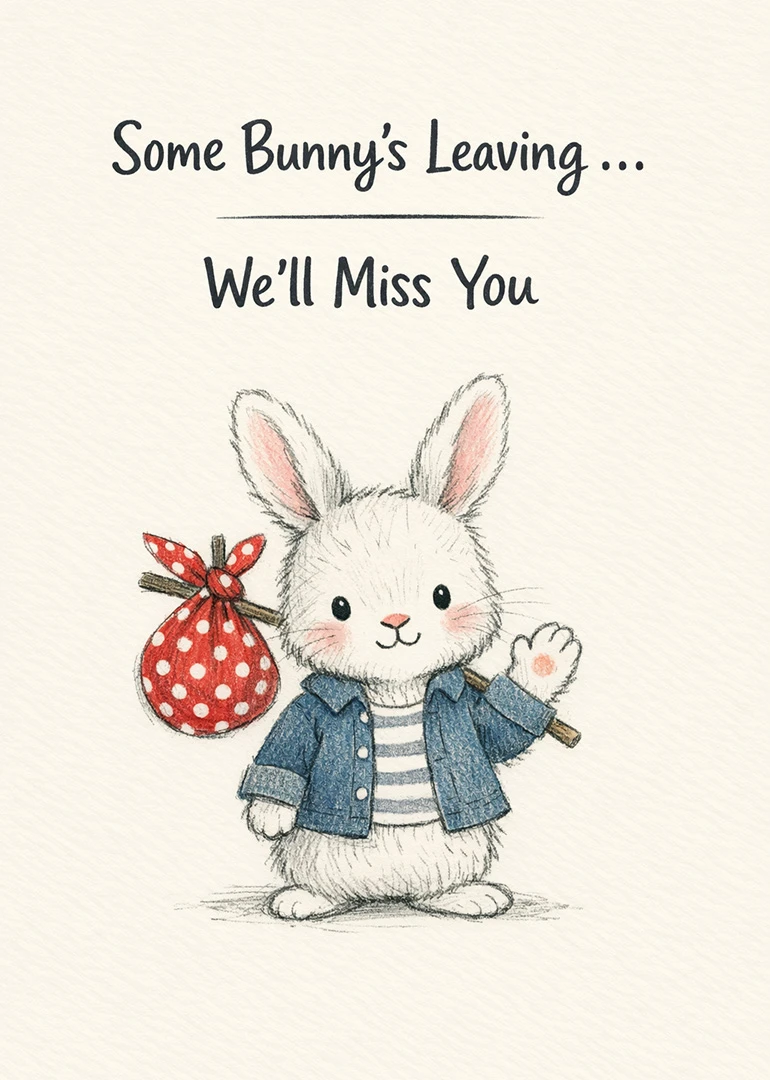 A cute bunny in denim holds a red polka dot bundle under farewell wording text.