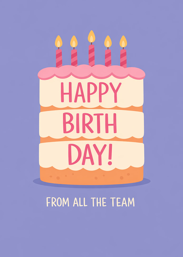 Birthday card with a layered cake, candles, and team greeting in soft colors