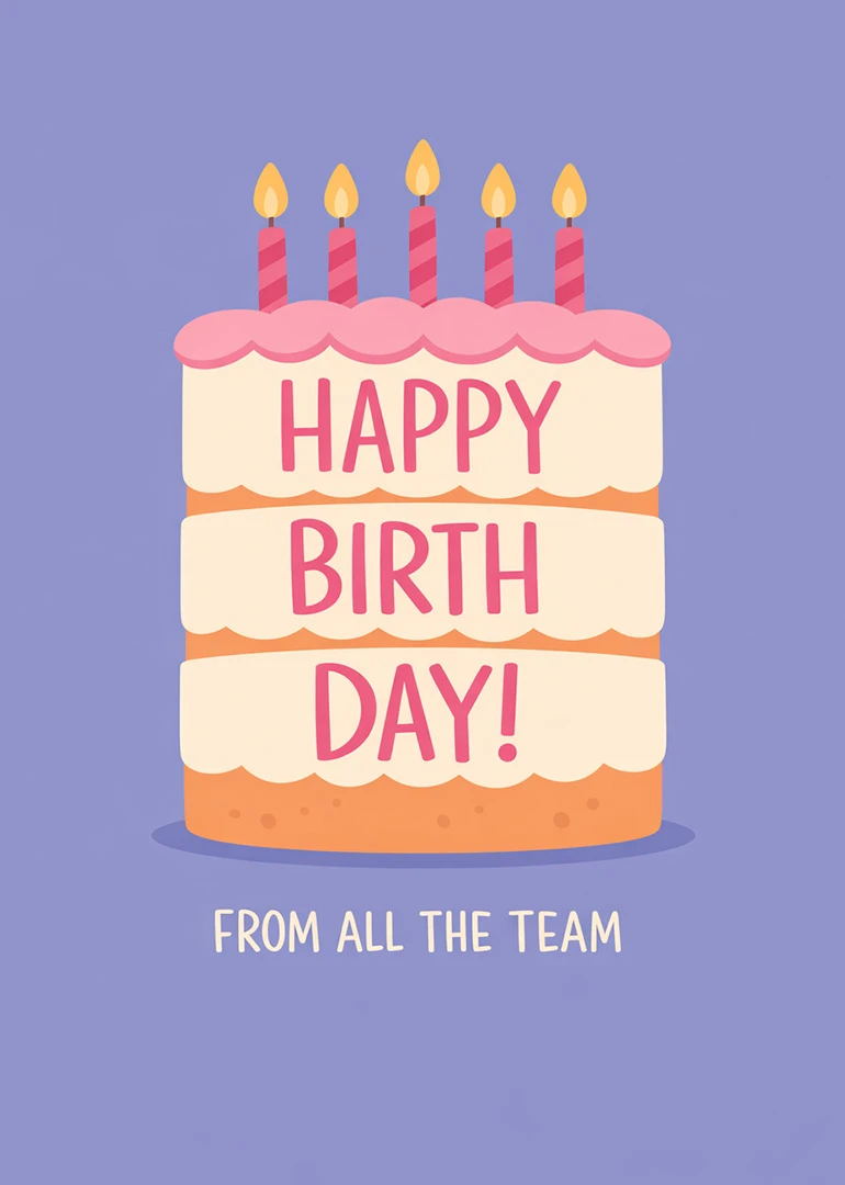 Birthday cake with candles and happy birthday text on a purple background.
