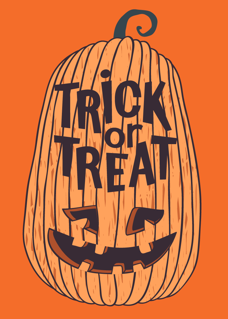 Orange pumpkin with trick or treat text and jack-o'-lantern face on orange background