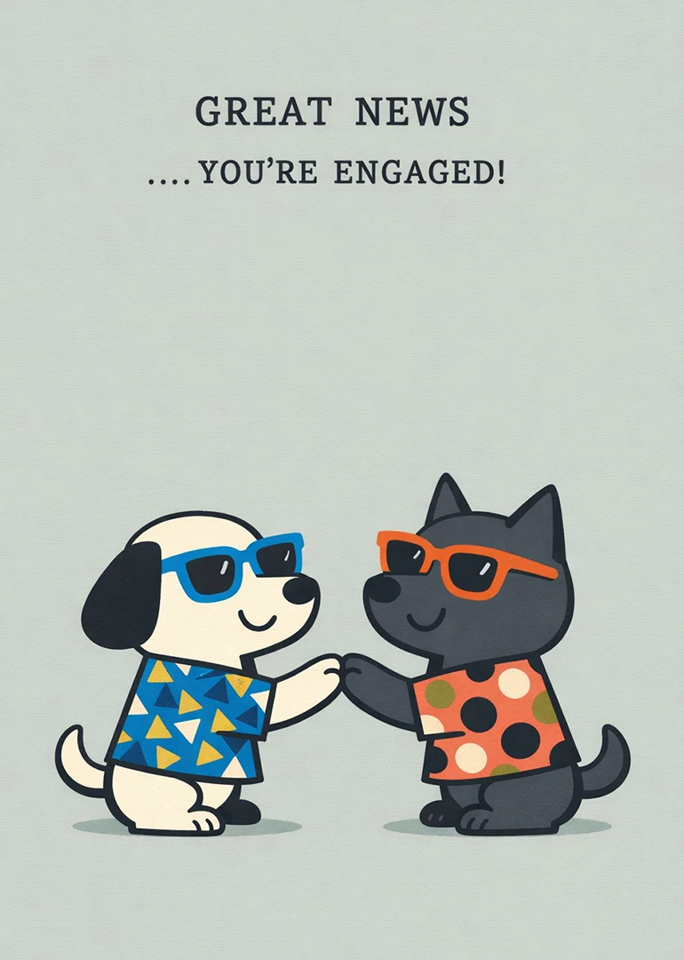 Two cartoon dogs in sunglasses hold paws under the text Great News You're Engaged together.