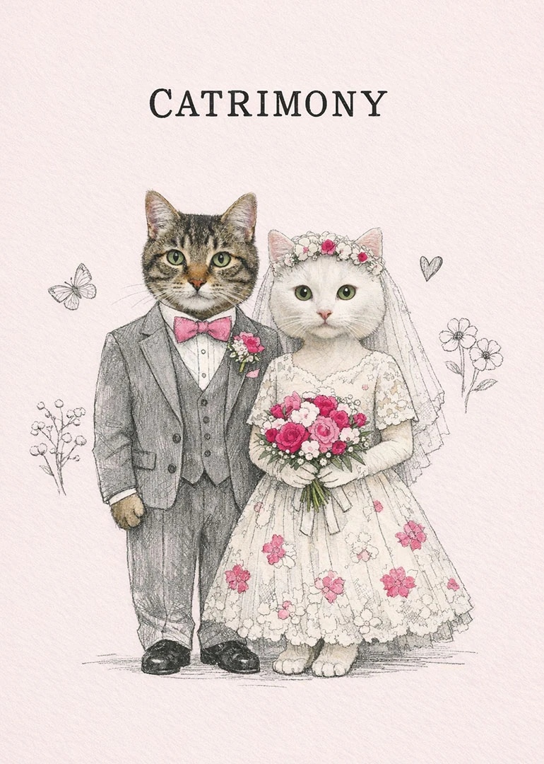 Watercolor cat bride and groom wedding card with bouquet, tuxedo, veil, and Catrimony text above.