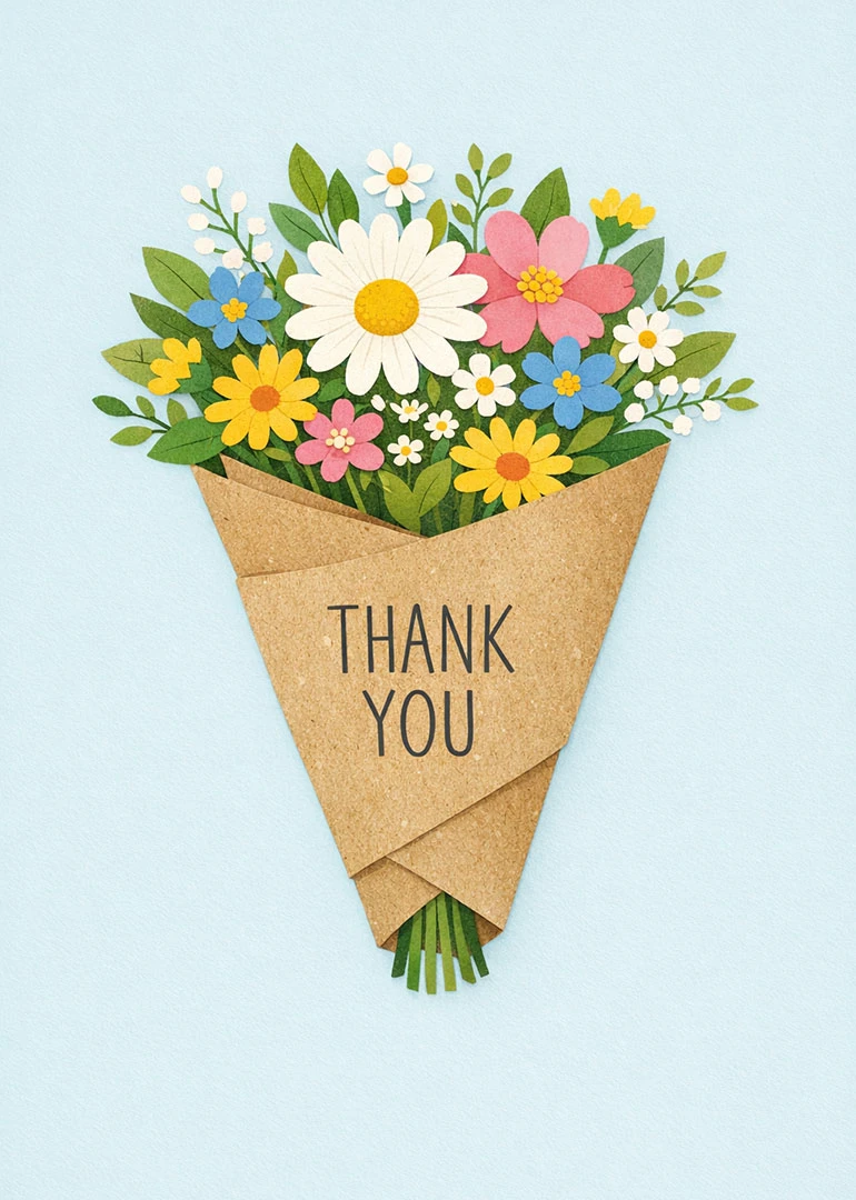 Bouquet of colourful flowers wrapped in kraft paper with Thank You text on blue background.